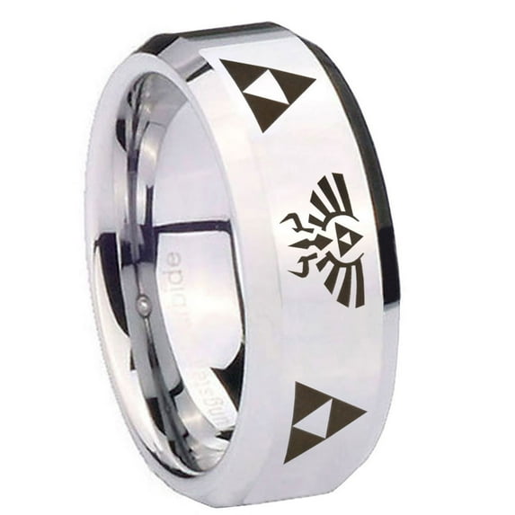 Tungsten Legend of Zelda 8mm Glossy Gray Polished Beveled Edges Men Ring