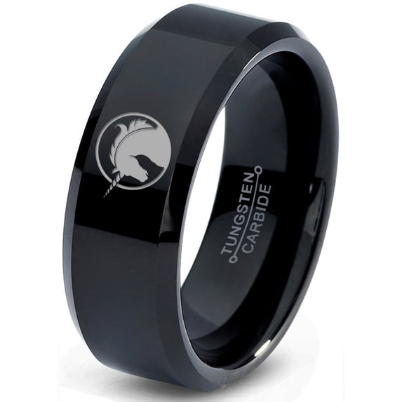 Tungsten Legendary Mythical Unicorn Band Ring 8mm Men Women Comfort Fit Black Beveled Edge Polished
