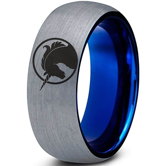 Tungsten Legendary Mythical Unicorn Band Ring 8mm Men Women Comfort Fit Blue Dome Brushed Gray Polished