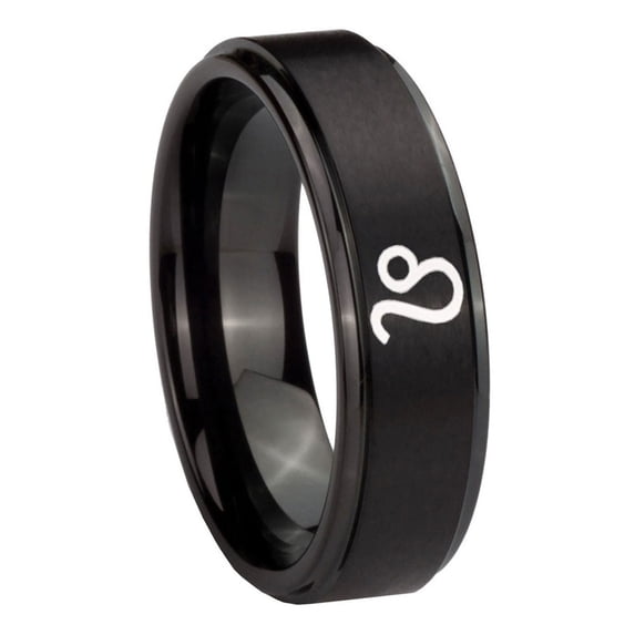 Tungsten Leo Zodiac 8mm Brushed Black Polished Step Edges Men Ring