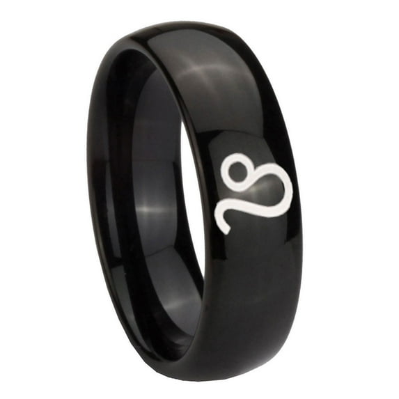 Tungsten Leo Zodiac 8mm Glossy Black Polished Dome Men Ring