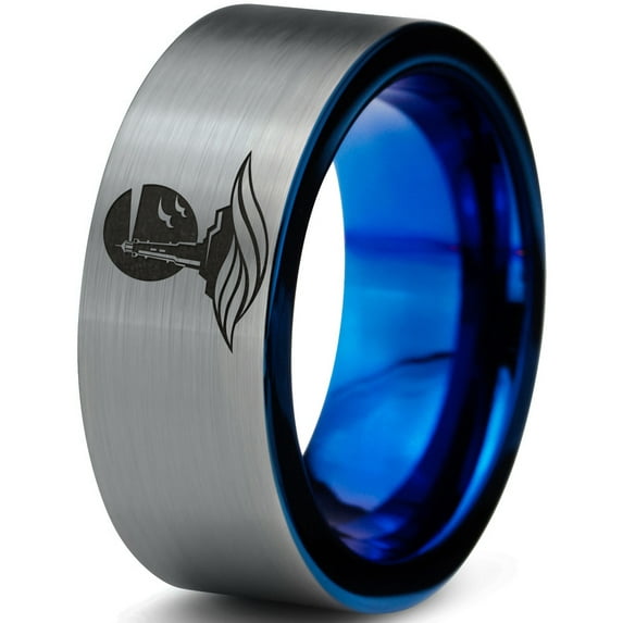Tungsten Lighthouse Tower Building Structure Light Band Ring 8mm Men Women Comfort Fit Blue Flat Cut Brushed Gray Polished