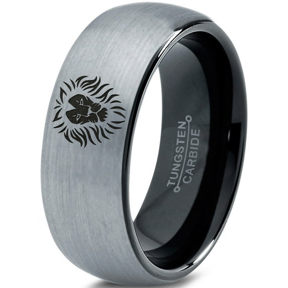 Tungsten Lion Lioness Panthera Leo Band Ring 8mm Men Women Comfort Fit Black Dome Brushed Gray Polished