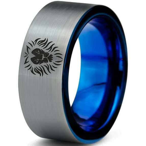 Tungsten Lion Lioness Panthera Leo Band Ring 8mm Men Women Comfort Fit Blue Flat Cut Brushed Gray Polished