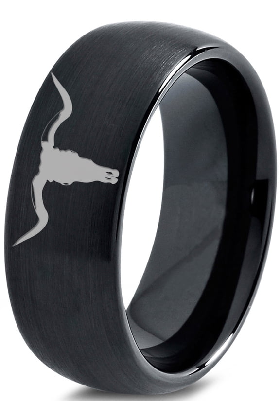Tungsten Longhorn Texas Bull Horn Band Ring 8mm Men Women Comfort Fit Black Dome Brushed Polished