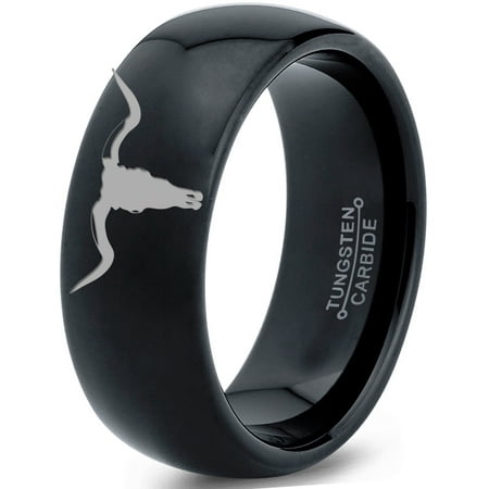 Tungsten Longhorn Texas Bull Horn Band Ring 8mm Men Women Comfort Fit Black Dome Polished