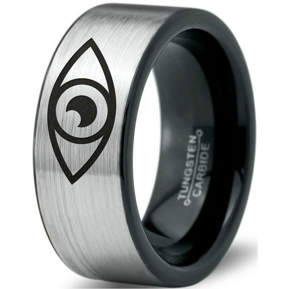 Tungsten Looking Seeing Eye Band Ring 8mm Men Women Comfort Fit Brushed Gray Flat Cut Black Polished