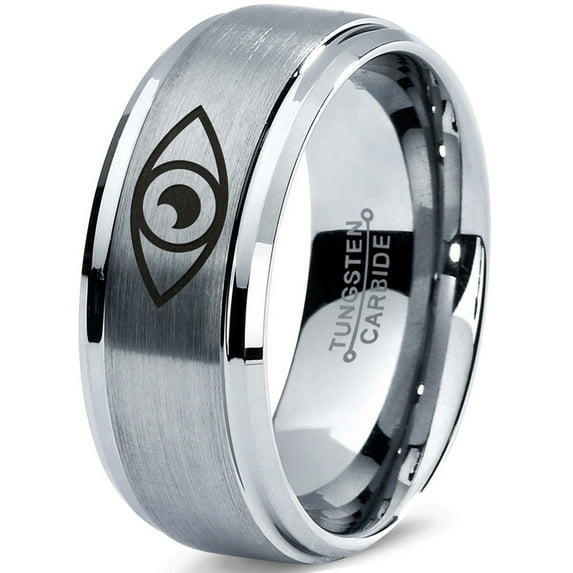 Tungsten Looking Seeing Eye Band Ring 8mm Men Women Comfort Fit Gray Step Bevel Edge Brushed Polished