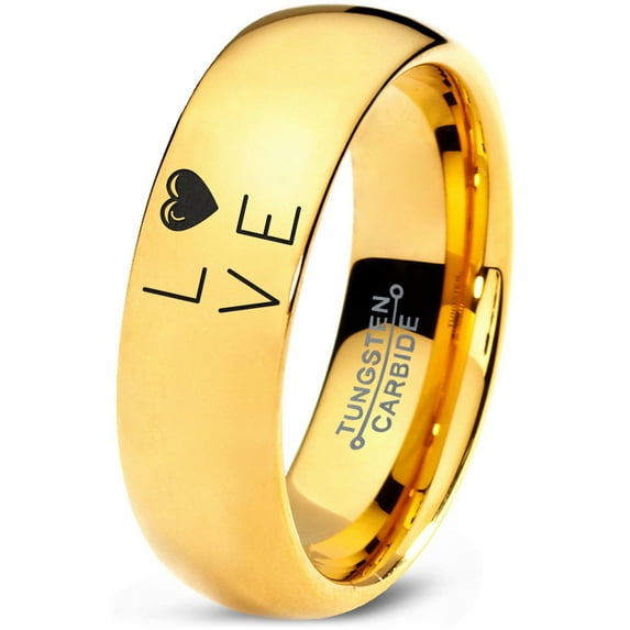 Tungsten Love Heart Pleasure Positive Emotions Band Ring 7mm Men Women Comfort Fit 18k Yellow Gold Dome Polished