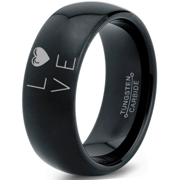 Tungsten Love Heart Pleasure Positive Emotions Band Ring 8mm Men Women Comfort Fit Black Dome Polished