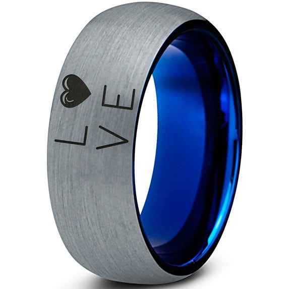 Tungsten Love Heart Pleasure Positive Emotions Band Ring 8mm Men Women Comfort Fit Blue Dome Brushed Gray Polished