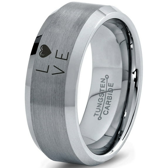 Tungsten Love Heart Pleasure Positive Emotions Band Ring 8mm Men Women Comfort Fit Gray Step Bevel Edge Brushed Polished