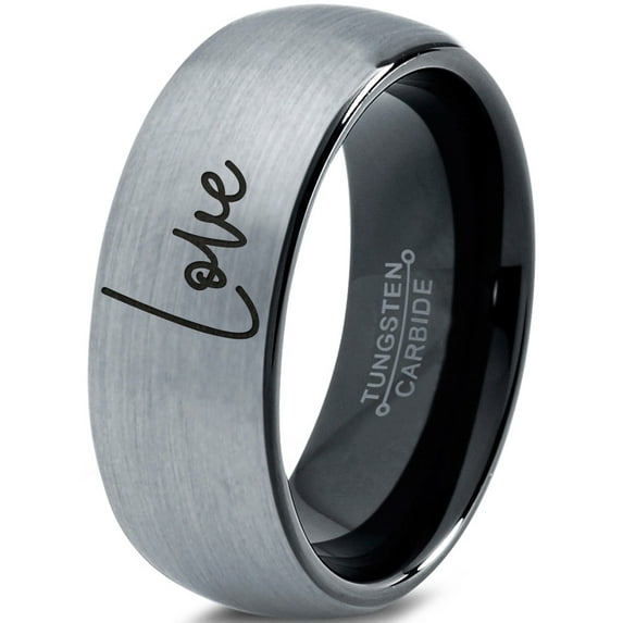Tungsten Love Typography Writing Band Ring 8mm Men Women Comfort Fit Black Dome Brushed Gray Polished