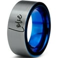 thumbnail image 1 of Tungsten Love Typography Writing Band Ring 8mm Men Women Comfort Fit Blue Flat Cut Brushed Gray Polished, 1 of 1