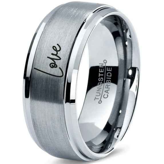 Tungsten Love Typography Writing Band Ring 8mm Men Women Comfort Fit Gray Step Bevel Edge Brushed Polished