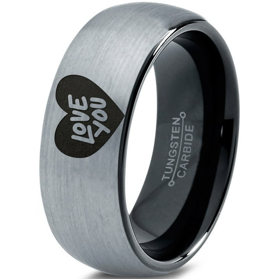 Tungsten Love You Heart Band Ring 8mm Men Women Comfort Fit Black Dome Brushed Gray Polished