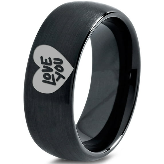 Tungsten Love You Heart Band Ring 8mm Men Women Comfort Fit Black Dome Brushed Polished