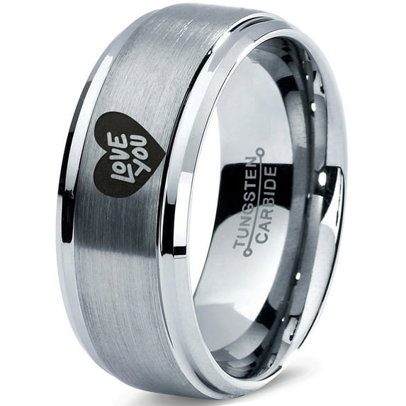 Tungsten Love You Heart Band Ring 8mm Men Women Comfort Fit Gray Step Bevel Edge Brushed Polished
