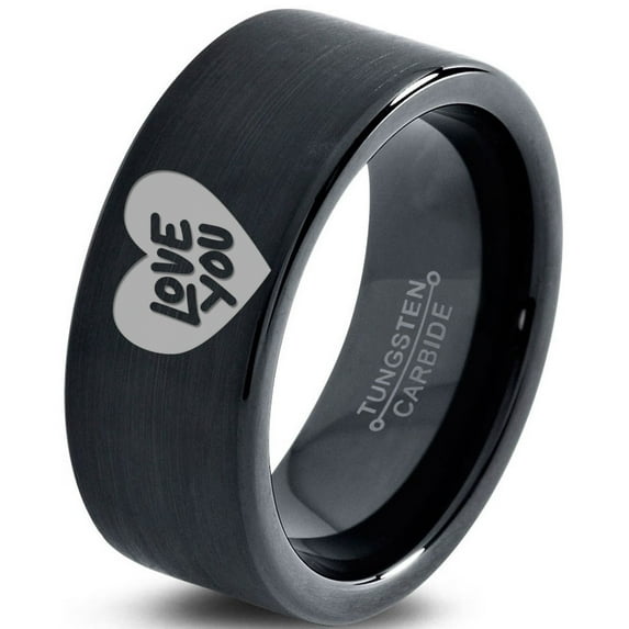 Tungsten Love You Heart Band Ring 9mm Men Women Comfort Fit Black Flat Cut Brushed Polished