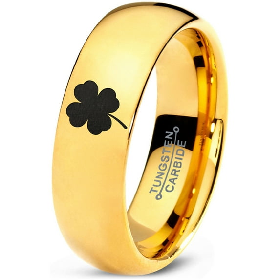 Tungsten Lucky Charm Four Leaf Clover Band Ring 7mm Men Women Comfort Fit 18k Yellow Gold Dome Polished