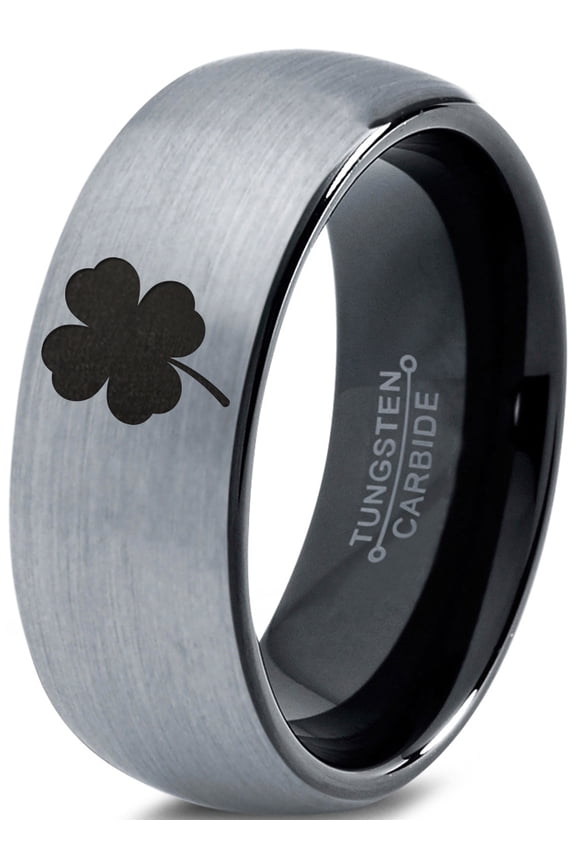 Tungsten Lucky Charm Four Leaf Clover Band Ring 8mm Men Women Comfort Fit Black Dome Brushed Gray Polished