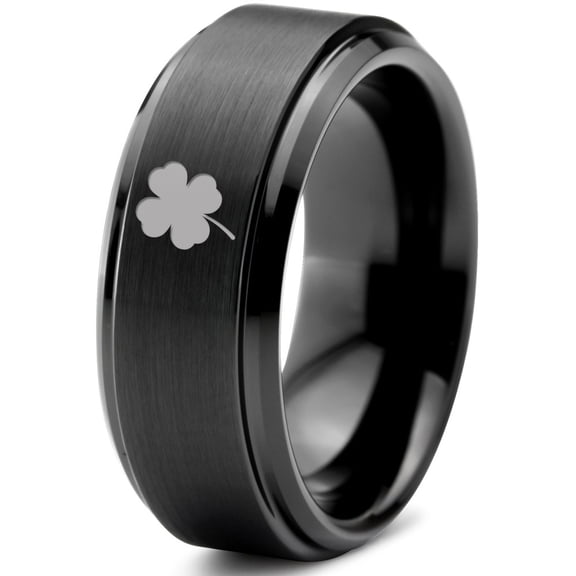 Tungsten Lucky Charm Four Leaf Clover Band Ring 8mm Men Women Comfort Fit Black Step Bevel Edge Brushed Polished