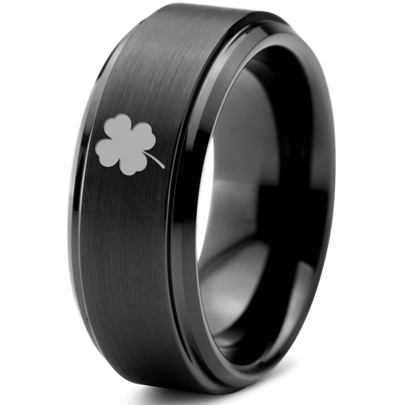 Tungsten Lucky Charm Four Leaf Clover Band Ring 8mm Men Women Comfort Fit Black Step Bevel Edge Brushed Polished