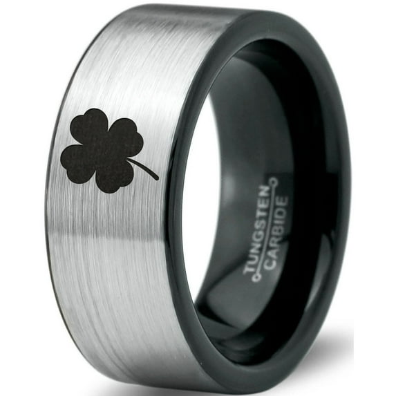 Tungsten Lucky Charm Four Leaf Clover Band Ring 8mm Men Women Comfort Fit Brushed Gray Flat Cut Black Polished