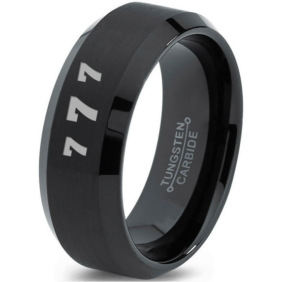Tungsten Lucky Number Seven Band Ring 8mm Men Women Comfort Fit Black Beveled Edge Brushed Polished