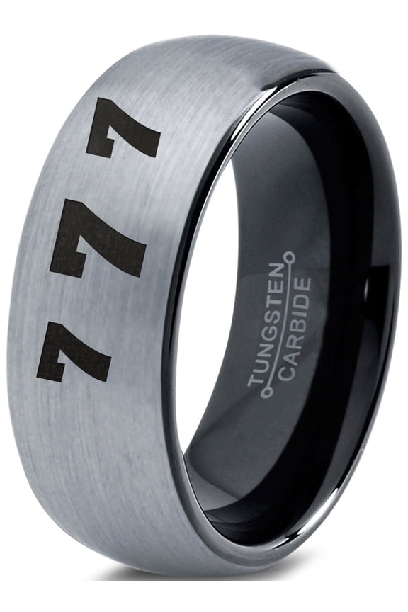 Tungsten Lucky Number Seven Band Ring 8mm Men Women Comfort Fit Black Dome Brushed Gray Polished
