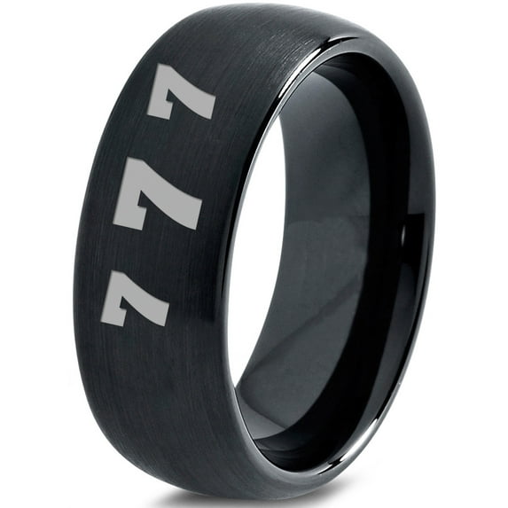 Tungsten Lucky Number Seven Band Ring 8mm Men Women Comfort Fit Black Dome Brushed Polished