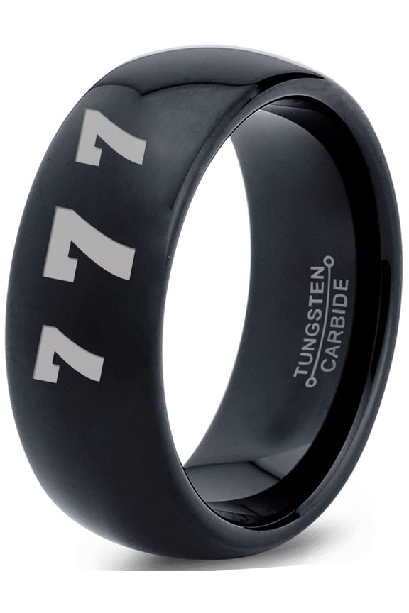 Tungsten Lucky Number Seven Band Ring 8mm Men Women Comfort Fit Black Dome Polished