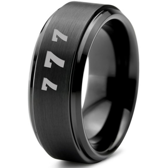 Tungsten Lucky Number Seven Band Ring 8mm Men Women Comfort Fit Black Step Bevel Edge Brushed Polished