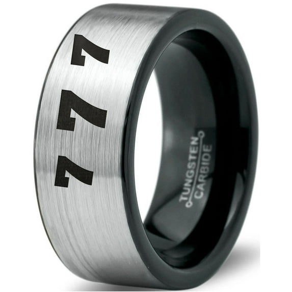 Tungsten Lucky Number Seven Band Ring 8mm Men Women Comfort Fit Brushed Gray Flat Cut Black Polished