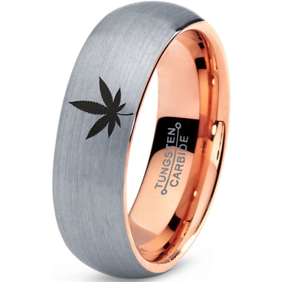 Tungsten Marijuana Weed Cannabis Leaf Band Ring 7mm Men Women Comfort Fit 18k Rose Gold Dome Brushed Gray Polished