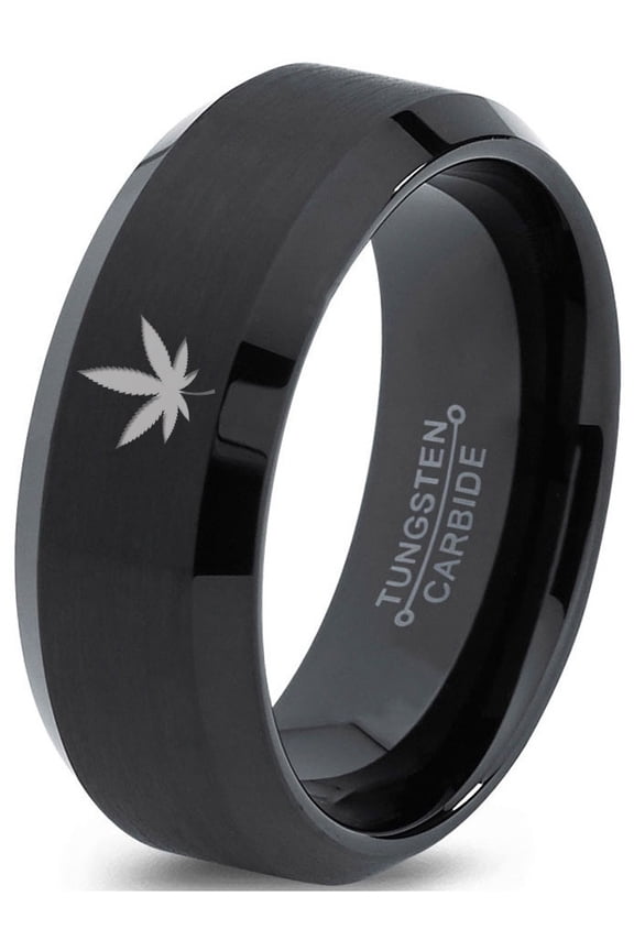 Tungsten Marijuana Weed Cannabis Leaf Band Ring 8mm Men Women Comfort Fit Black Beveled Edge Brushed Polished
