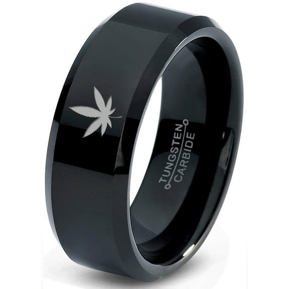 Tungsten Marijuana Weed Cannabis Leaf Band Ring 8mm Men Women Comfort Fit Black Beveled Edge Polished