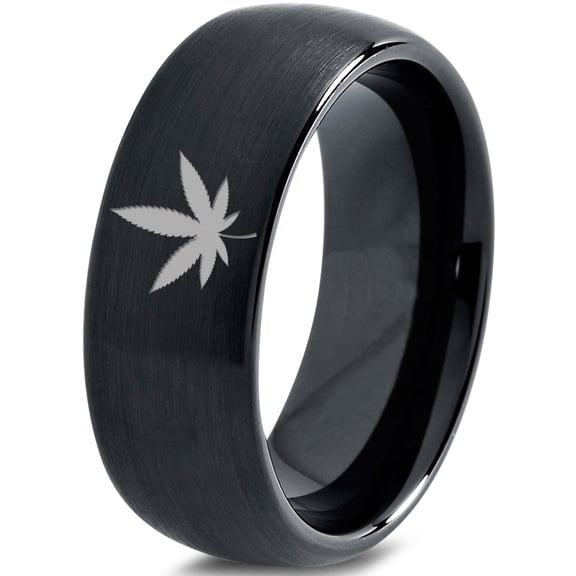 Tungsten Marijuana Weed Cannabis Leaf Band Ring 8mm Men Women Comfort Fit Black Dome Brushed Polished