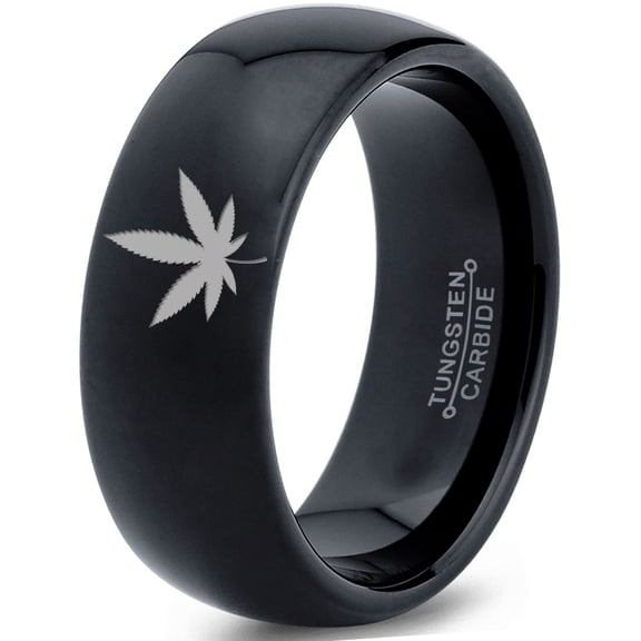 Tungsten Marijuana Weed Cannabis Leaf Band Ring 8mm Men Women Comfort Fit Black Dome Polished