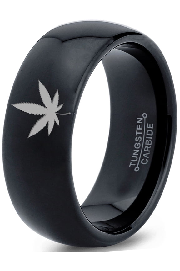 Tungsten Marijuana Weed Cannabis Leaf Band Ring 8mm Men Women Comfort Fit Black Dome Polished