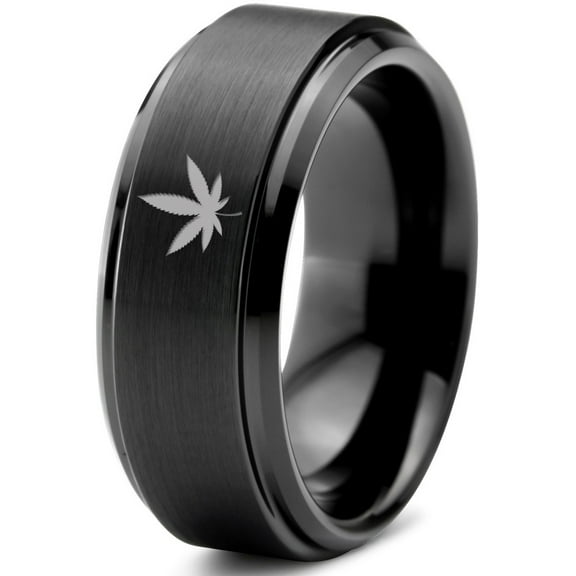 Tungsten Marijuana Weed Cannabis Leaf Band Ring 8mm Men Women Comfort Fit Black Step Bevel Edge Brushed Polished