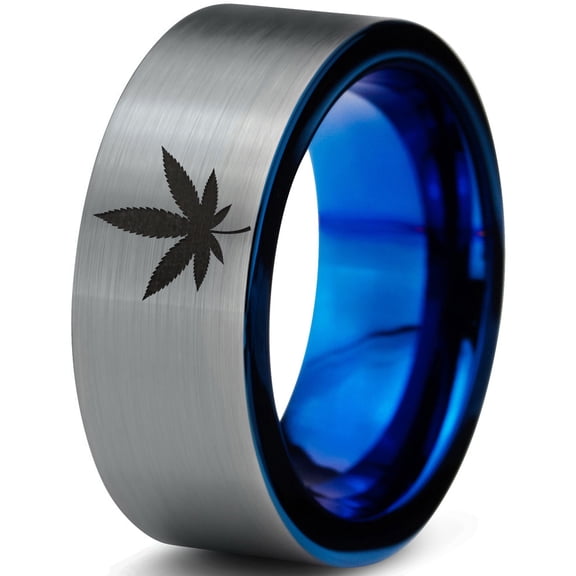 Tungsten Marijuana Weed Cannabis Leaf Band Ring 8mm Men Women Comfort Fit Blue Flat Cut Brushed Gray Polished