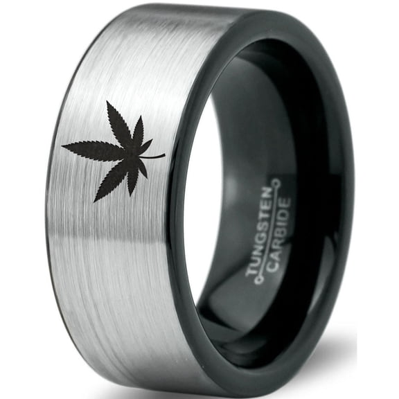 Tungsten Marijuana Weed Cannabis Leaf Band Ring 8mm Men Women Comfort Fit Brushed Gray Flat Cut Black Polished