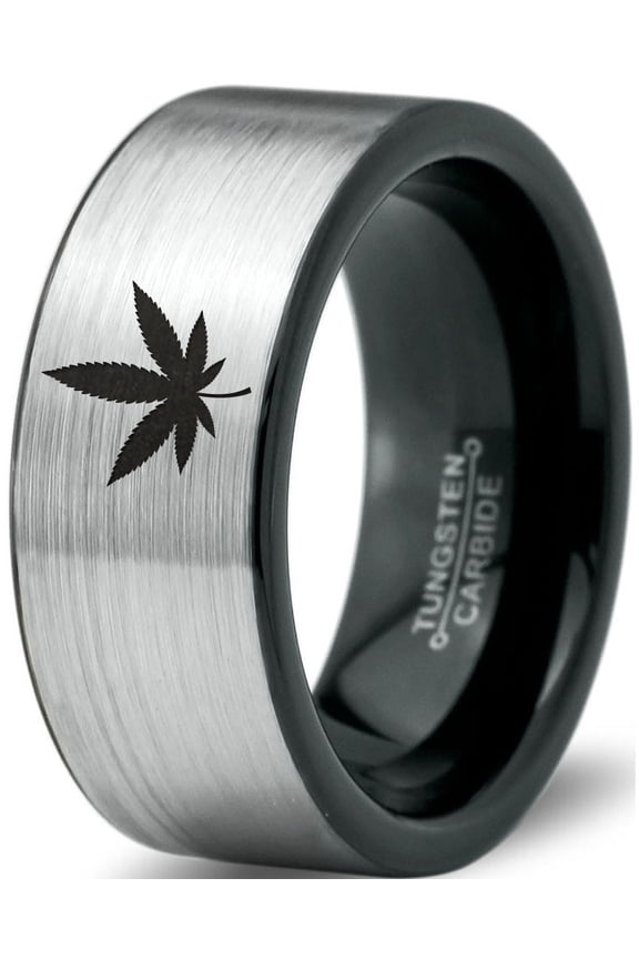 Tungsten Marijuana Weed Cannabis Leaf Band Ring 8mm Men Women Comfort Fit Brushed Gray Flat Cut Black Polished