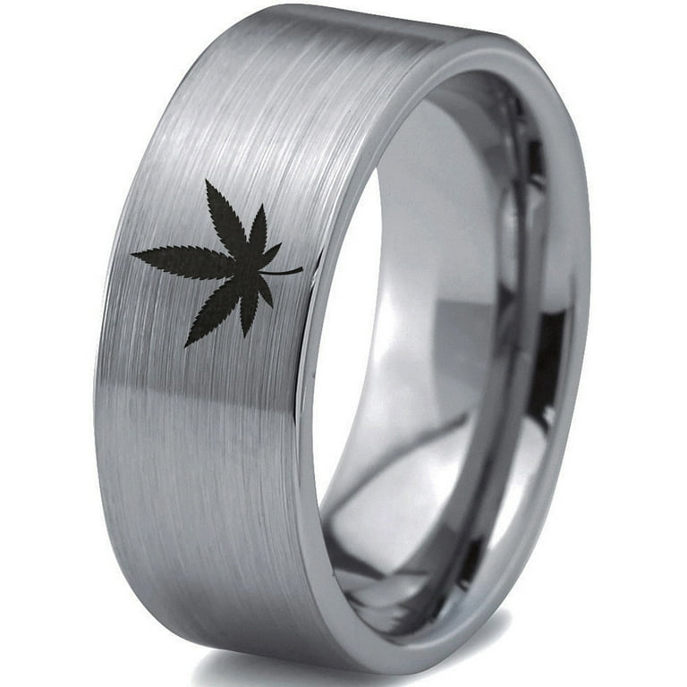 Tungsten Marijuana Weed Cannabis Leaf Band Ring 8mm Men Women Comfort Fit  Black Dome Brushed Gray Polished 