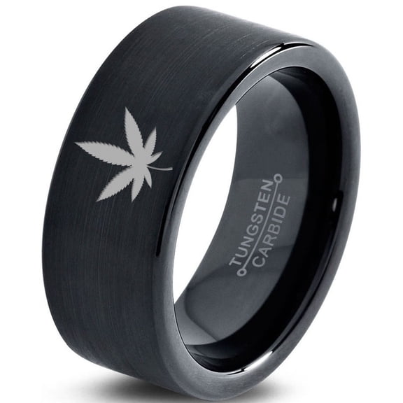 Tungsten Marijuana Weed Cannabis Leaf Band Ring 9mm Men Women Comfort Fit Black Flat Cut Brushed Polished