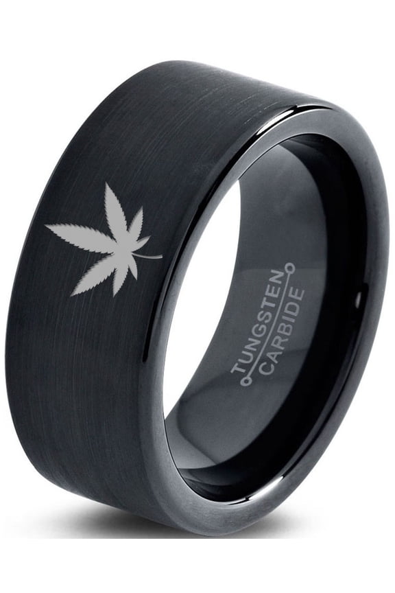 Tungsten Marijuana Weed Cannabis Leaf Band Ring 9mm Men Women Comfort Fit Black Flat Cut Brushed Polished