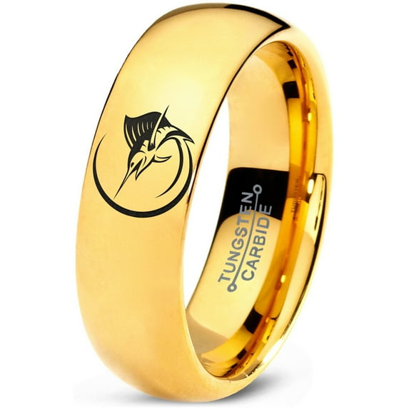 Tungsten Marlin Marlins Sea Animal Creature Fish Band Ring 7mm Men Women Comfort Fit 18k Yellow Gold Dome Polished