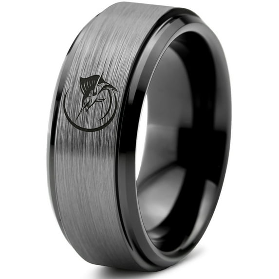Tungsten Marlin Marlins Sea Animal Creature Fish Band Ring 8mm Men Women Comfort Fit Black Step Bevel Edge Brushed Gray Polished