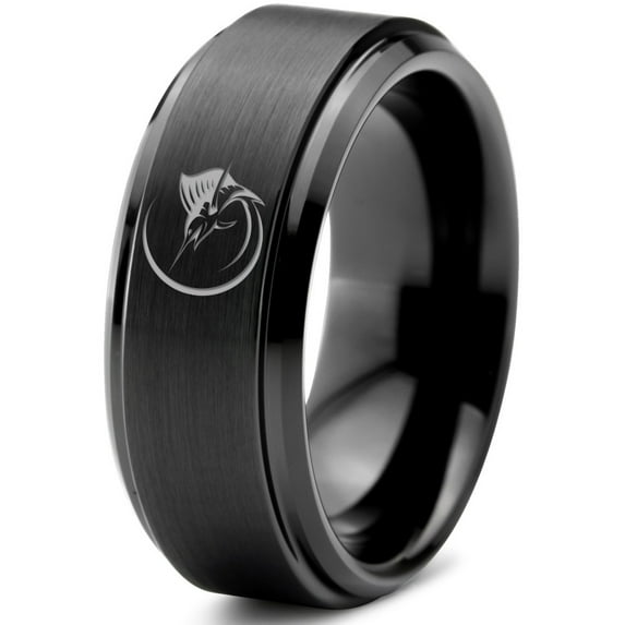 Tungsten Marlin Marlins Sea Animal Creature Fish Band Ring 8mm Men Women Comfort Fit Black Step Bevel Edge Brushed Polished